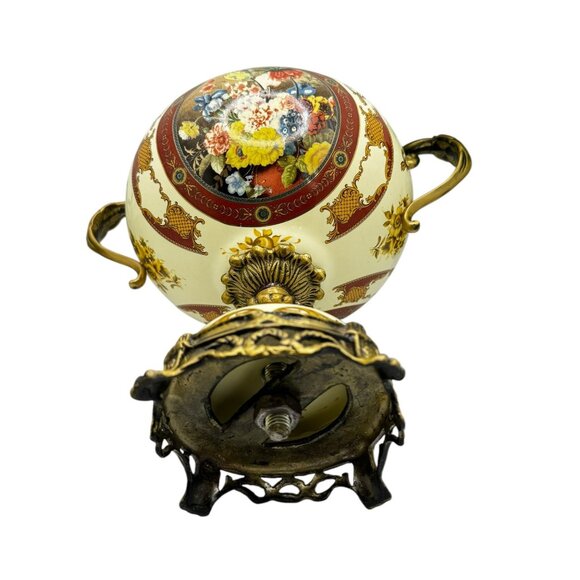 Vintage Ornate Porcelain & Brass Lidded Urn With Floral Motif & Dual Handles - Picture 7 of 11